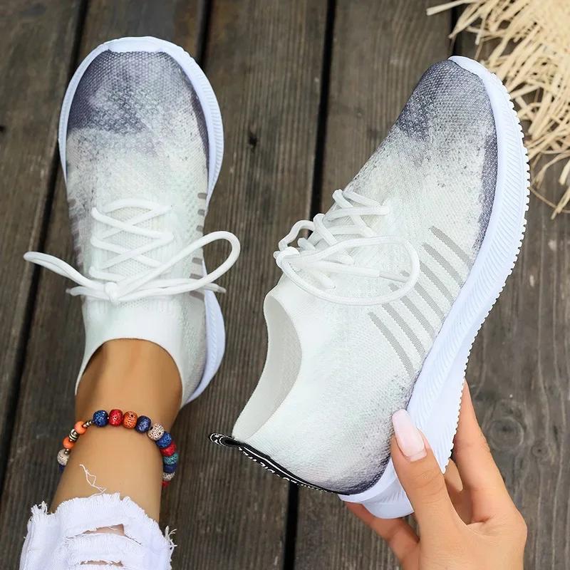 Модные женские кроссовки с принтом и вязанием, осенние новые дышащие сетчатые кроссовки для бега, женские повседневные туфли на плоской подошве, без застежек 20