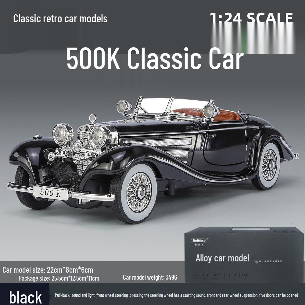 1/24 Mercedes-Benz 500K Модель автомобиля из легкого сплава со звуком и светом: Классический ретро-украшение с откидной крышкой, подарочная коробка к празднику середины осени