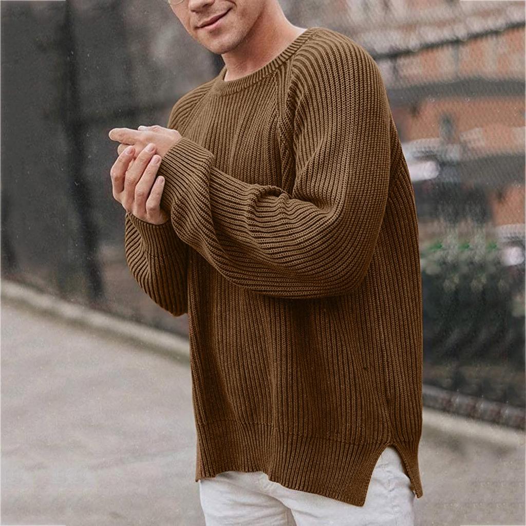Men's Solid-color Long-sleeved Round-neck Pullover, Knitted Sweater, Men's Striped Sweater