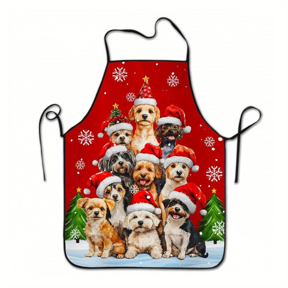 1pc Holiday Christmas Dog Apron, Sleeveless Polyester Kitchen Apron, Decorated with Santa Hats and Snowflake Patterns, Red with White Trim, Perfect fo