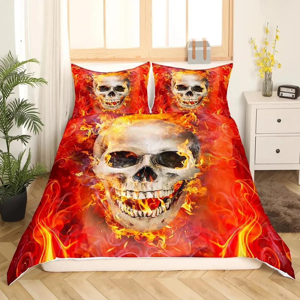 Black Blue Flame Skull Duvet Cover Set Full Size 3D Skeleton Bones Bedding Set Gothic Comforter Cover Horror Skull Quilt Cover