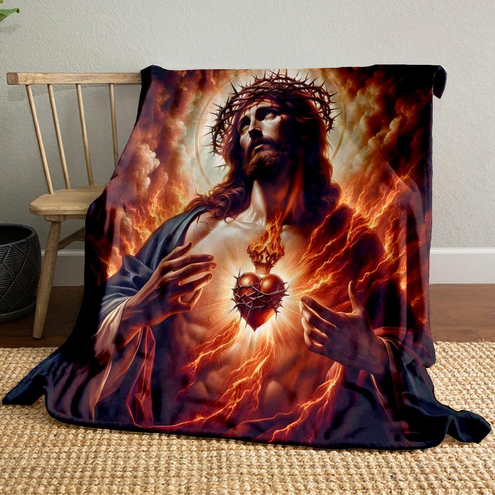 Sacred Heart with Flames and CrownFlannel blanket for bedroom, living room, sofa, and nap