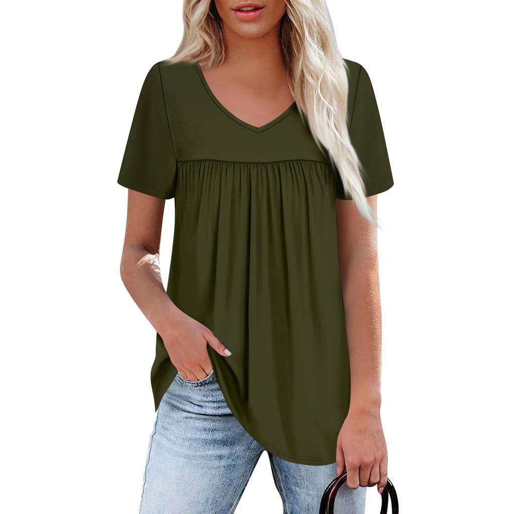 Women's Casual V-Neck Short Sleeve Chest Ruffle Solid Color Top