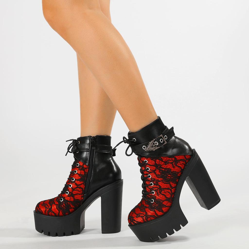 Gdgydh Gothic Vintage Lace Red High Heel Ankle Boots with Platform Sole Ankle Strap Women Boots for Dressy Occasions
