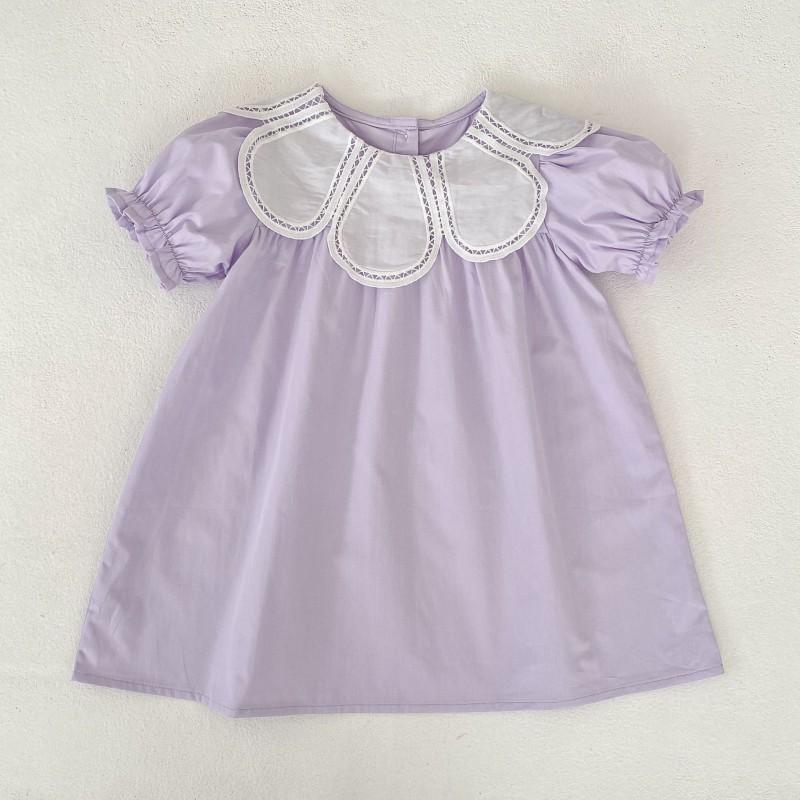 Girls Short Sleeve Dress Petal Neck Pure Cotton Princess Style Casual Kids