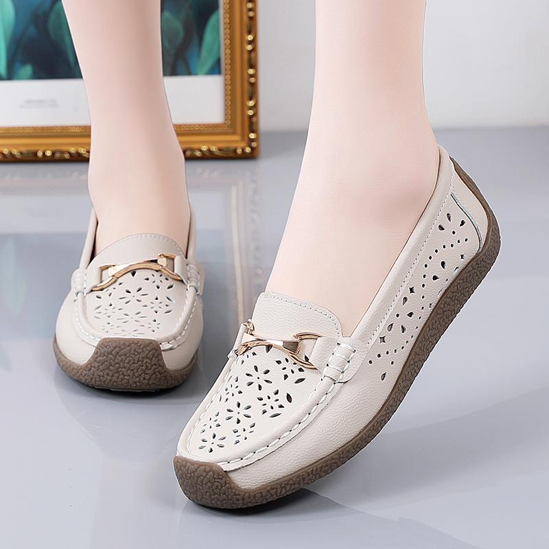 Fashion New Women Flats Shoes Genuine Leather Shoes Ballet Flats Ballerines Flats Walking Hollow Out Breathable Women's Moccasins