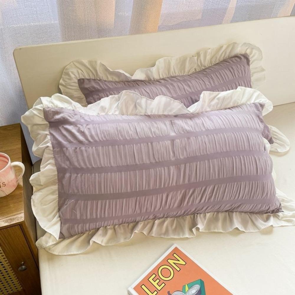 2PCS Candy Color Ruffle Pillow Case Soft Bedding Cover Cute Pillow Towel Girls Bedroom