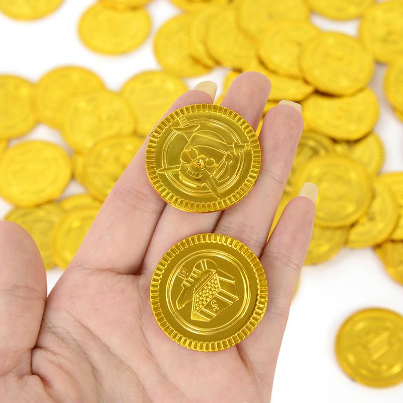 50 шт. 3,5 см пиратская поддельная пластиковая золотая монета для детского дня рождения, декор для вечеринки в честь Хэллоуина, пиратская шкатулка с сокровищами, принадлежности для украшения вечеринки