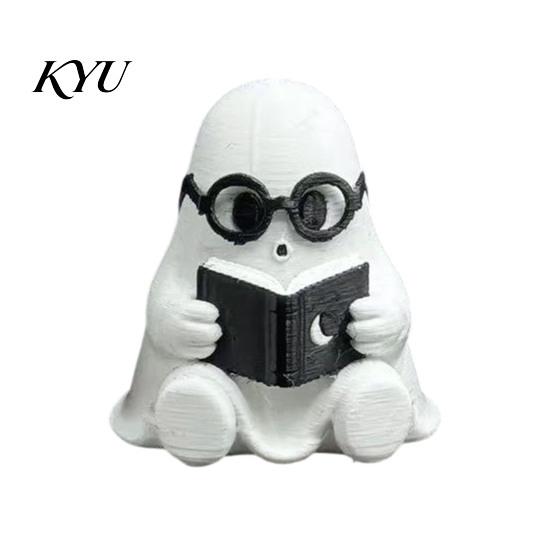 Creative Holiday Gift for Friends Cute Halloween Ghost Figurine, Holding Coffee/Book/Record Resin Statue, Desktop Ornaments Spooky Tabletop