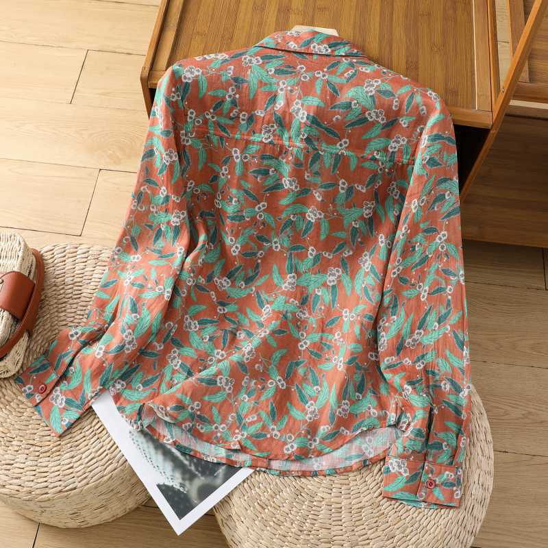 Рубашка в стиле минимализма с цветочным принтом и длинными рукавами из хлопка и льна, стильный универсальный свободный топ для женщин на весну и осень