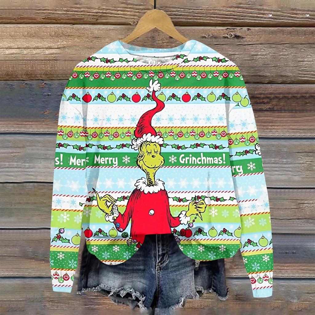 Women's Fashion Christmas Printed Long Sleeve Loose Round Neck Sweatshirt Top