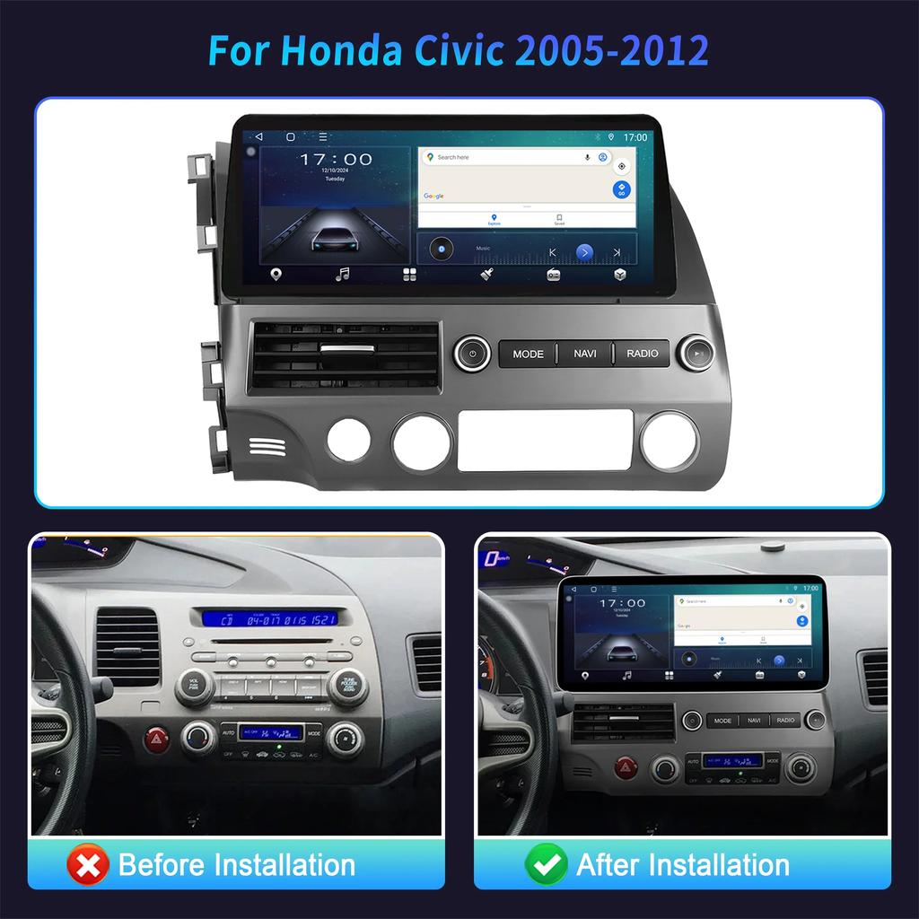 12.3" For Honda Civic 2005-2012 Car Radio Navigation Wireless BT CarPlay Android Multimedia 4G GPS Touch Head Unit Screen Stereo