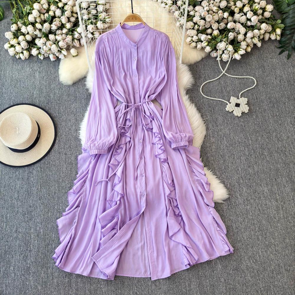 Нежный стиль, темперамент, рукава-фонарики, воротник-стойка, присборенная талия, А-силуэт, оборки по краю, шифоновое платье, элегантные большие свободные длинные платья