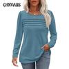 Women's Spring and Autumn Solid Color Loose Round Neck Pleated Long Sleeve Top