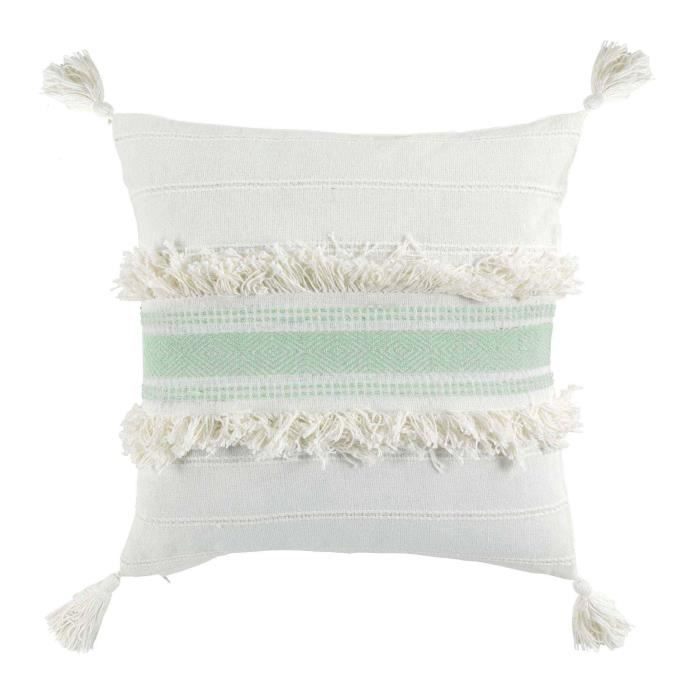 Coussin - Indira - Menthe - 40x40 cm - Déhoussable - 100% Coton - Pompons