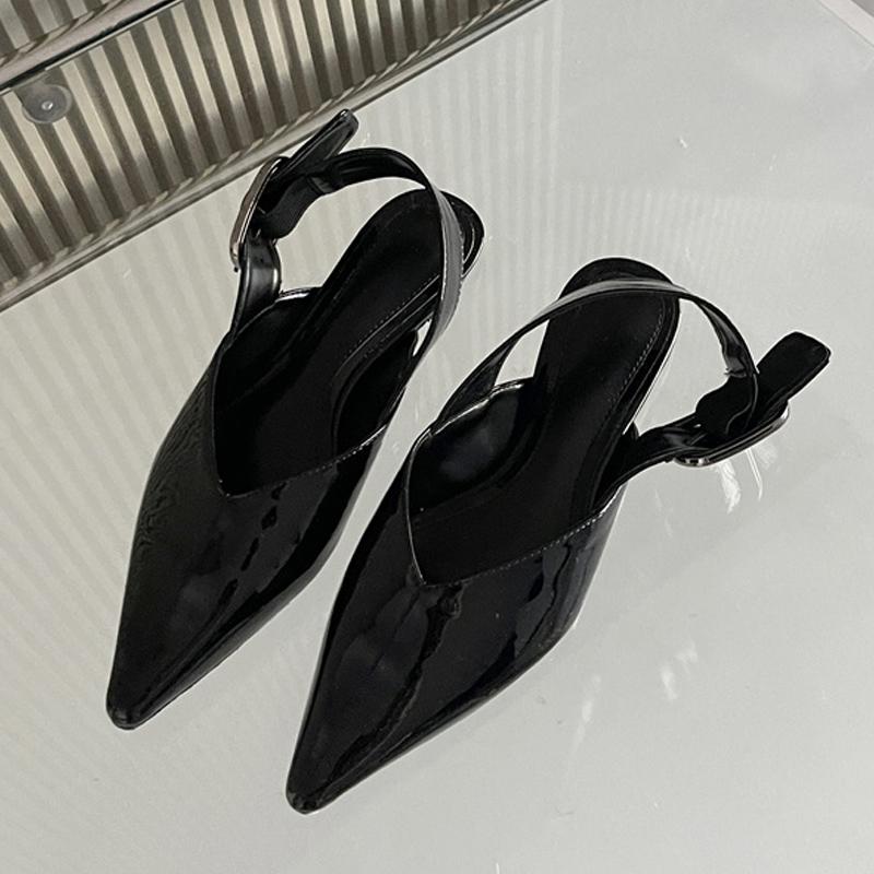 Fashion Design Big Buckle Strap Women Casual Flat Mules Sandals High Quality Cozy Patent Leather Pointed Toe Dress Shoes
