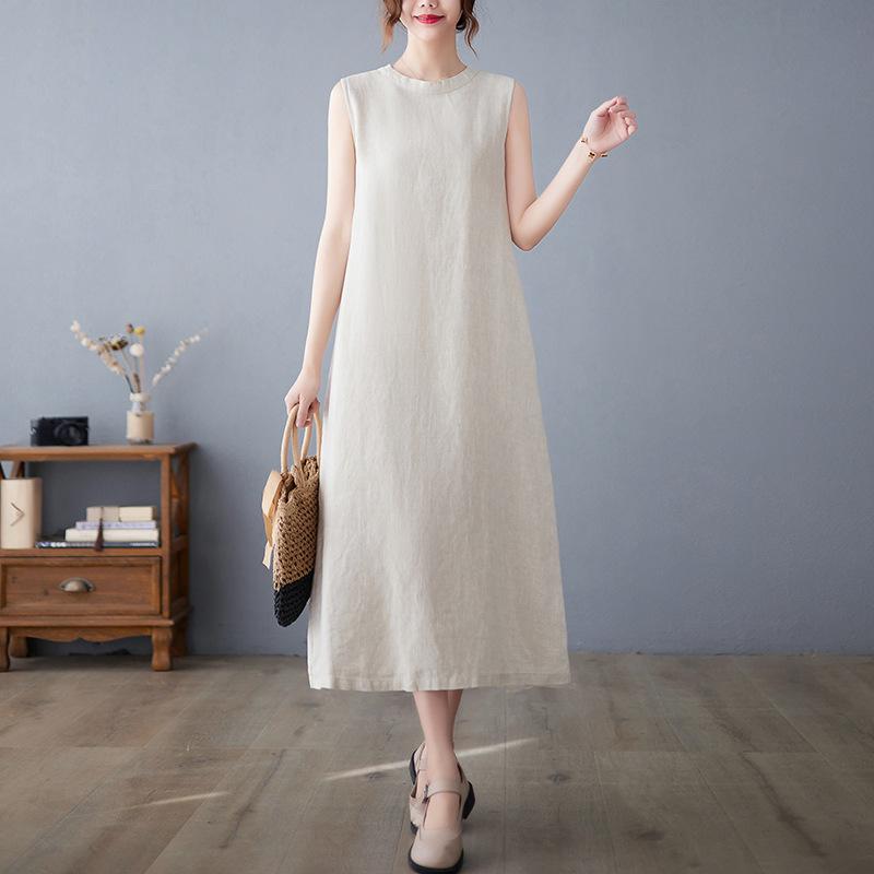 Summer Artistic Loose Solid Color Cotton Hemp Round Neck Sleeveless Dress for Women Medium To Long Casual Dresses