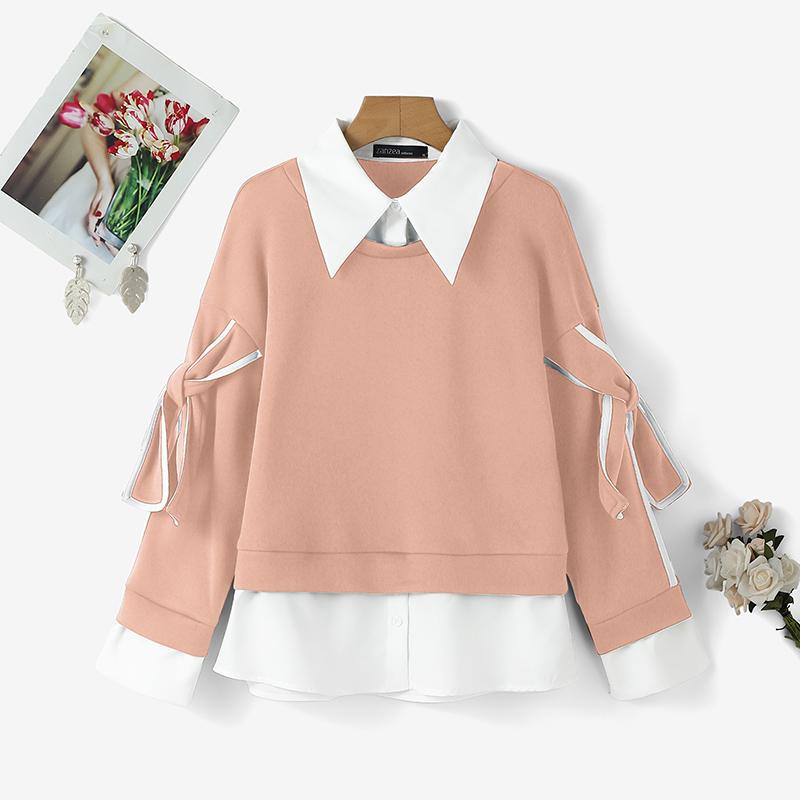 ZANZEA Женские повседневные свитшоты с отложным воротником, длинными рукавами и лоскутным дизайном