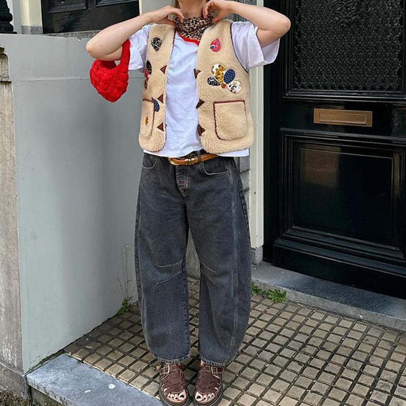 Женский повседневный жилет из овечьей шерсти с принтом, V-образным вырезом, без рукавов, с роговыми пуговицами, карманами, майками, осенний винтажный уличный жилет