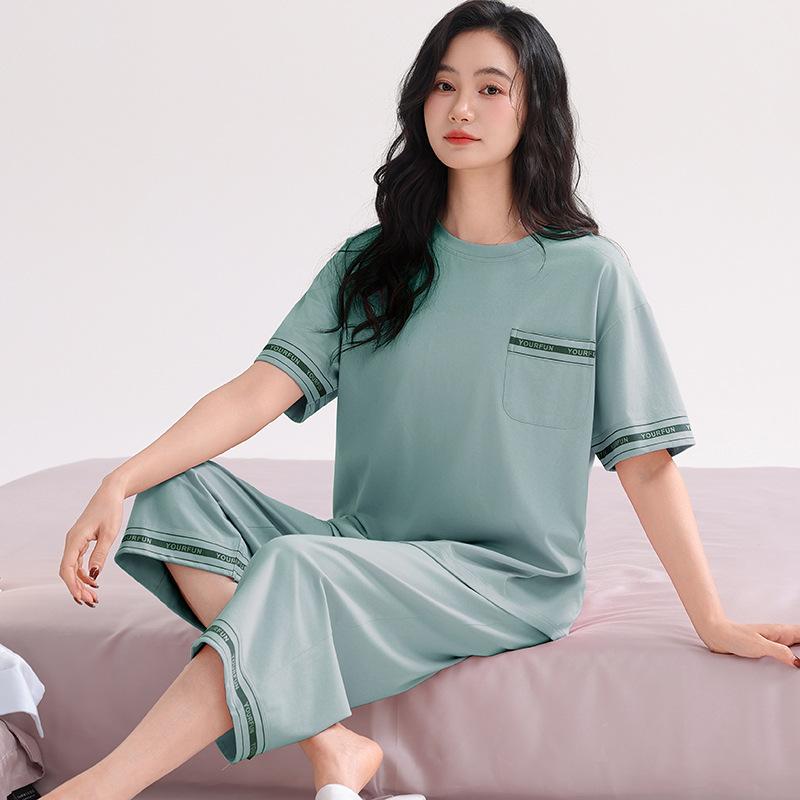 Pajamas women's 1011 new summer pure cotton summer casual short-sleeved cropped pants summer pink grid loungewear set