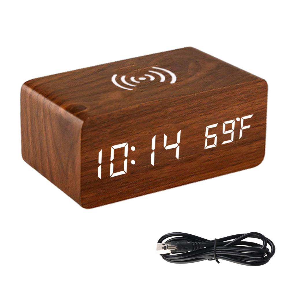 Desk Table Clocks Wooden Digital Alarm Clock Wooden Desk Digital Clock LED Display Temperature Phone Chargers Wireless Charger