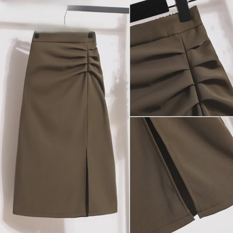 Женская высококачественная черная юбка с разрезом — средняя длина, высокая талия, облегающий крой на весну и осень 2024 г.