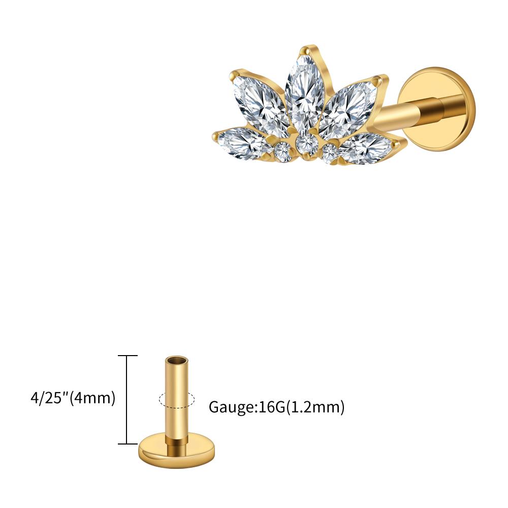 ASTM F136 Titanium 16G Marquise Lotus CZ Flower Flat Back Stud Labret Tragus Helix Cartilage Conch Earring Piercing
