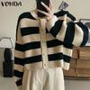 Women Casual Loose Long Sleeve Striped Knitted Cardigans Coats