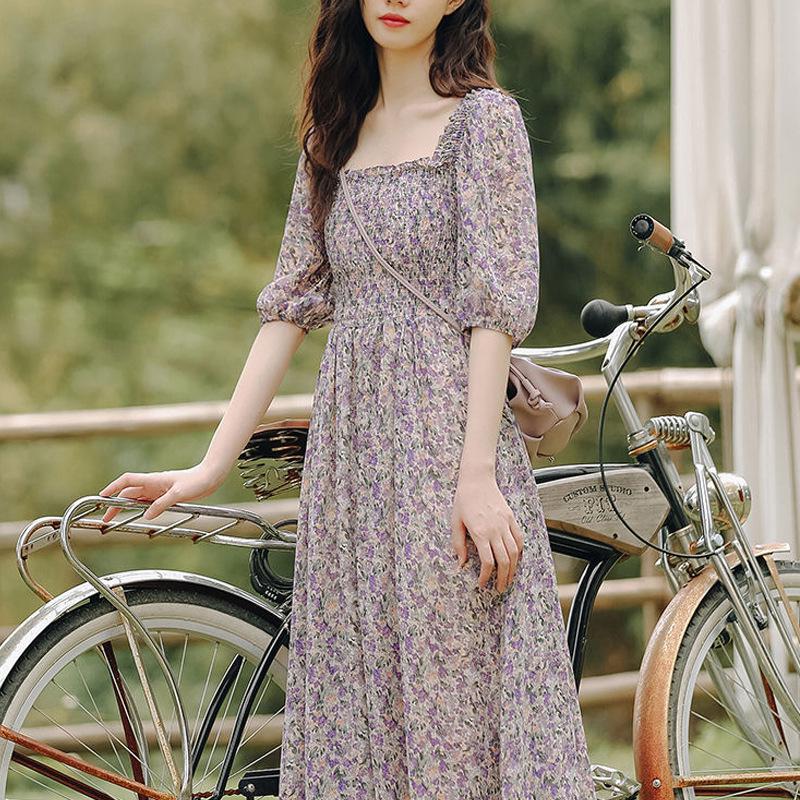 Women's Floral Chiffon Long Skirt Dress, Square Collar, Puff Sleeve, French Retro Style, 2024 Summer Collection.