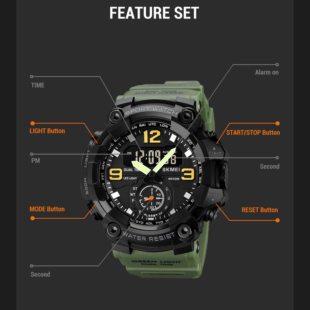 SKMEI 1965 Men Watch Professional 30M Water Resistant Double Display Double Movements GMT Time