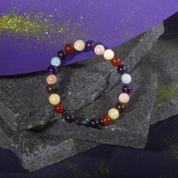 Браслет Овен Аквамарин, аметист, бордовый гранат, гранат, солнечный камень, кальцит, кровавый камень, красный агат, зеленый авантюрин