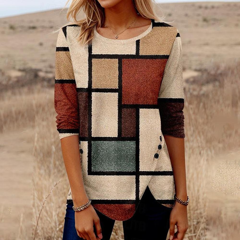 Классические футболки с принтом в виде сетки с длинными рукавами, осенняя хлопковая женская одежда, свободные женские футболки, топы, повседневные уличные футболки с круглым вырезом