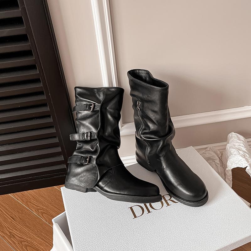 Spot second hair waste land punk pile boots pleated square buckle middle ancient western school side zipper trouser tube boots short boots women