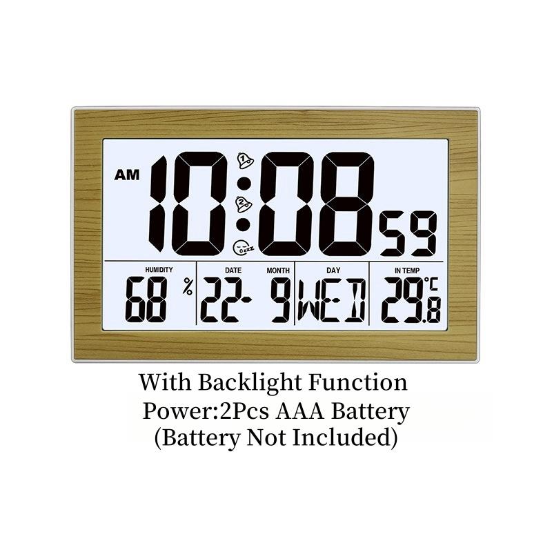 Battery Powered Large Digital Wall Clock Temperature Humidity Date Week Snooze Table Clock Dual Alarm 12/24H LCD Alarm Clock