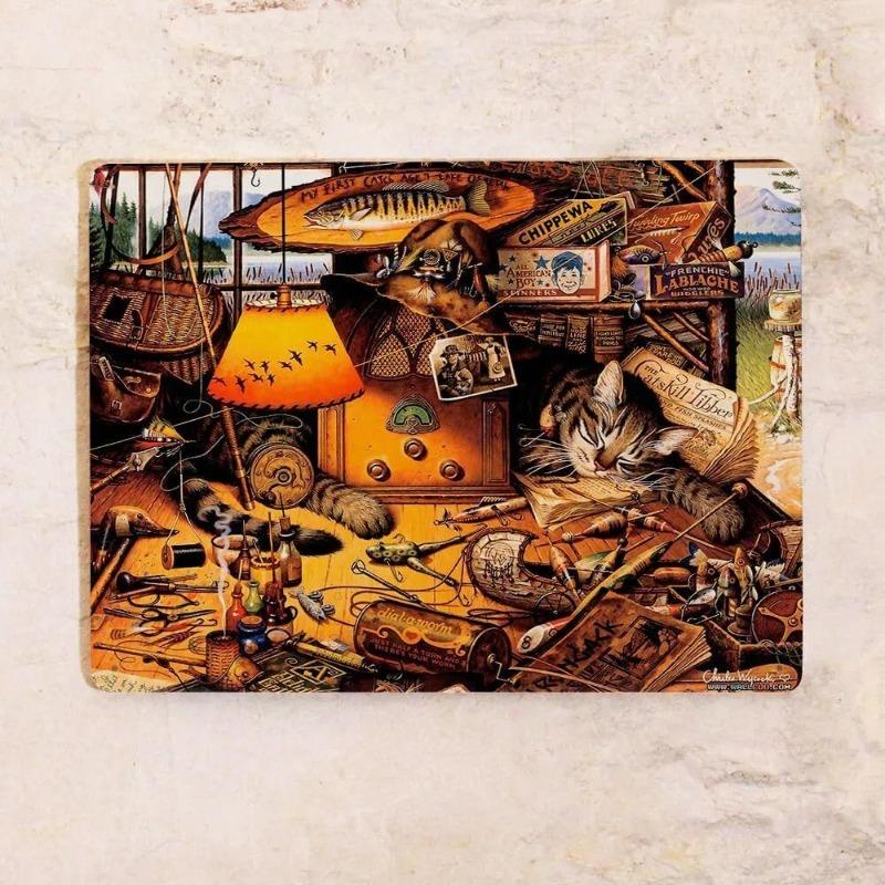 Cats In a Shop Metal Wall Art 20x30cm, Vintage Retro Decor Plaque