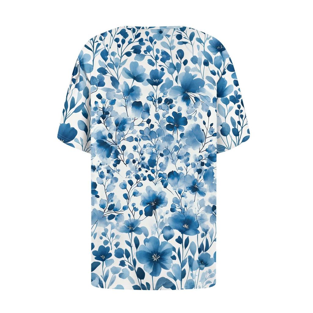 Женский модный повседневный короткий рукав пуловер с принтом на пуговицах и круглым вырезом