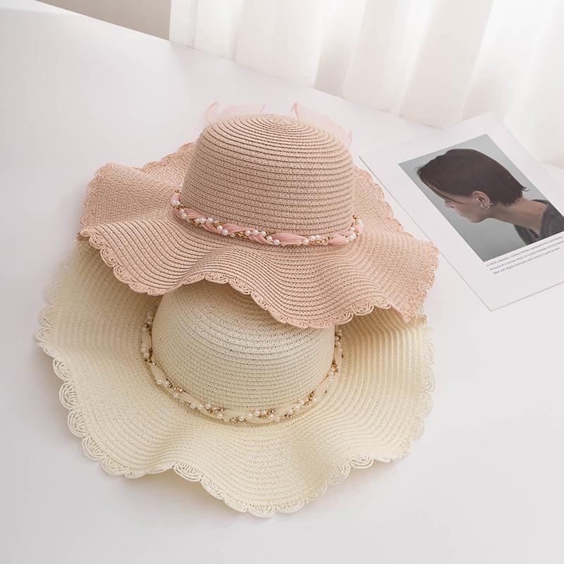 Elegant Women's Sun Hat with Mesh Trim & Faux Pearl Ribbon - Wide Brim, UV Protection Straw Beach Cap for Travel