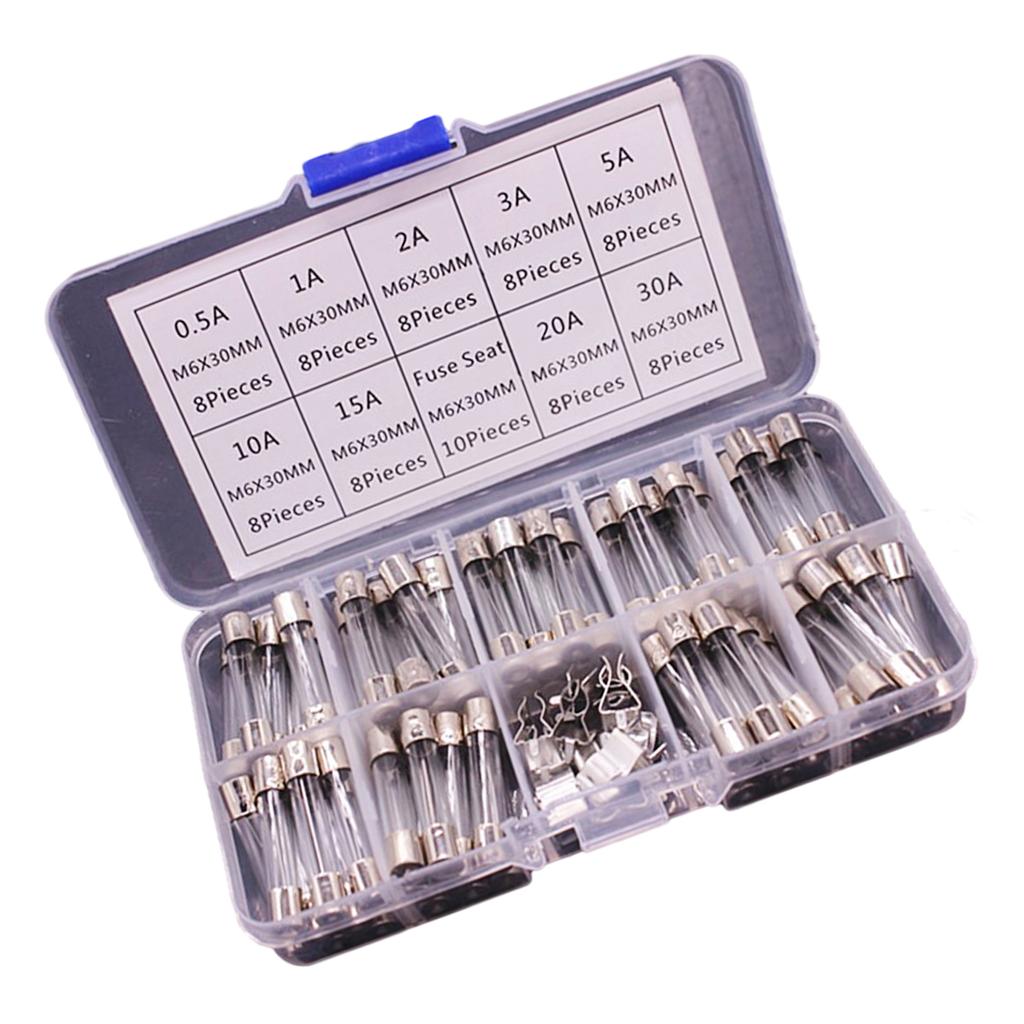 9 Values 72pcs Slow Blow Glass Tube Fuse Assortment Kit 6x30mm 250V 0.5A/1A/2A/3A/5A/10A/15A/20A/30A Fuses Glass Tube
