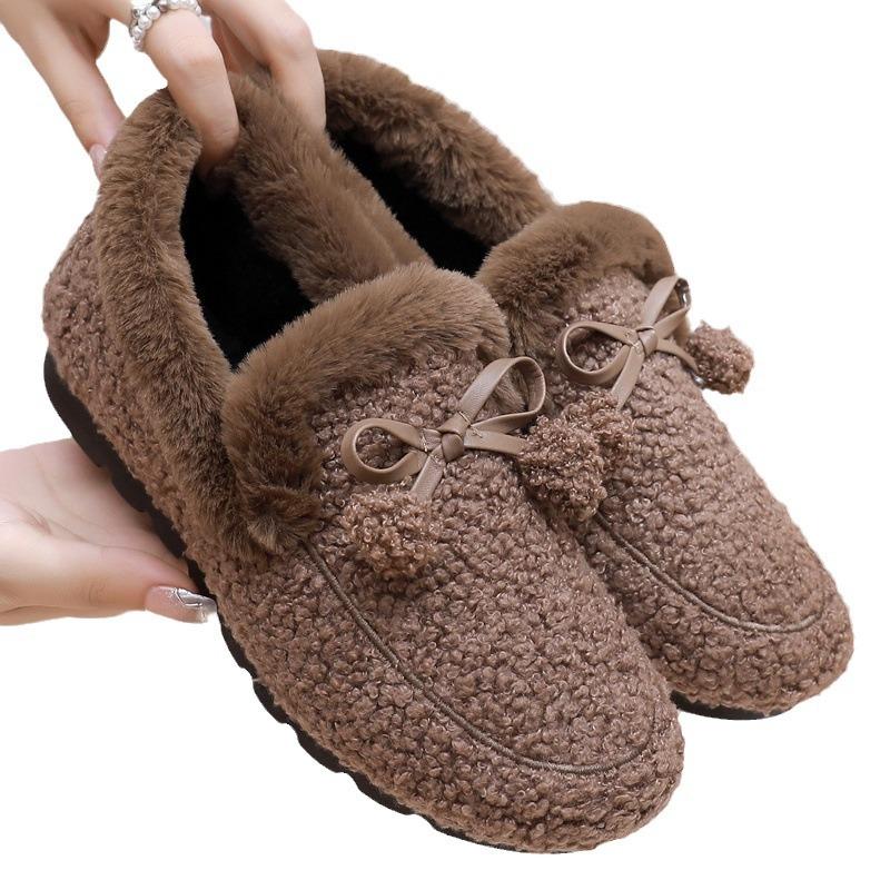 Women's Winter Faux Fur Loafers Warm Cozy Slipper with Polar Fleece Lining Non Slip House Shoes for Indoor Outdoor Flat Shoes With Bow-tie for Female