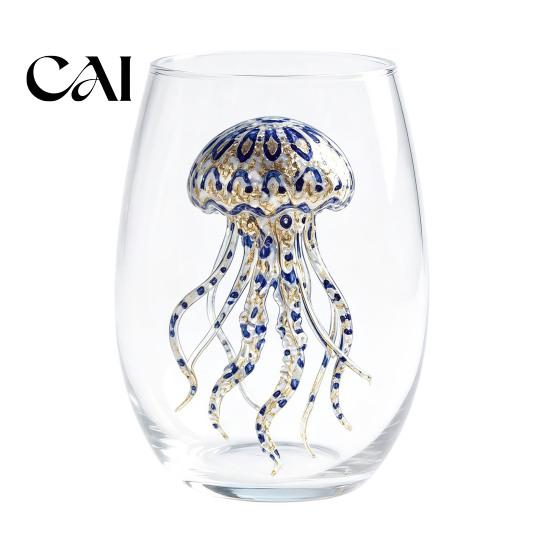 Artisan Sculptural Drinking Glass Marine Animal Theme Clear Tumbler, Handcrafted Painted Glassware, Ergonomic Handle Cocktail Creative