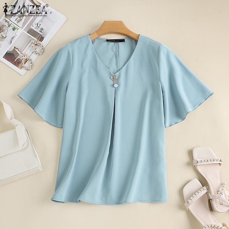 ZANZEA Женская летняя повседневная блузка с коротким рукавом и V-образным вырезом