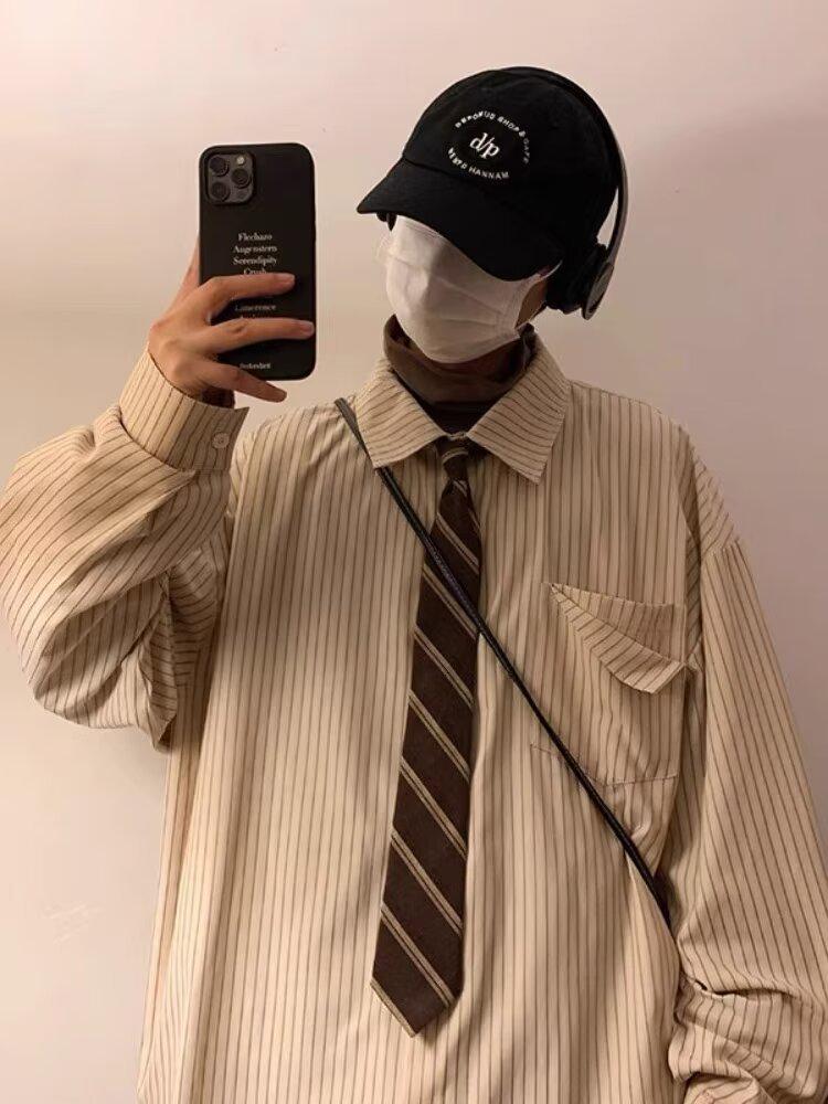 Men's Khaki Striped Shirt – Autumn Cityboy Japanese Retro Style