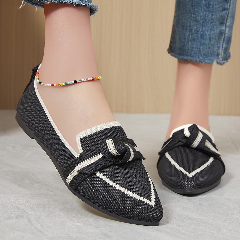 Fashion Women's Knitted Flats Breathable Low Cut Loafer Shoes for Ladys Pointed Toe Ballet Flat Shoes Spring Summer
