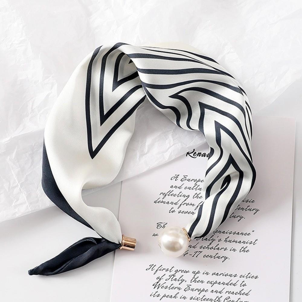 New Pearl Buckle Silk Scarf Printed Soft Neck Scarf Lightweight Thin Neckerchief Women