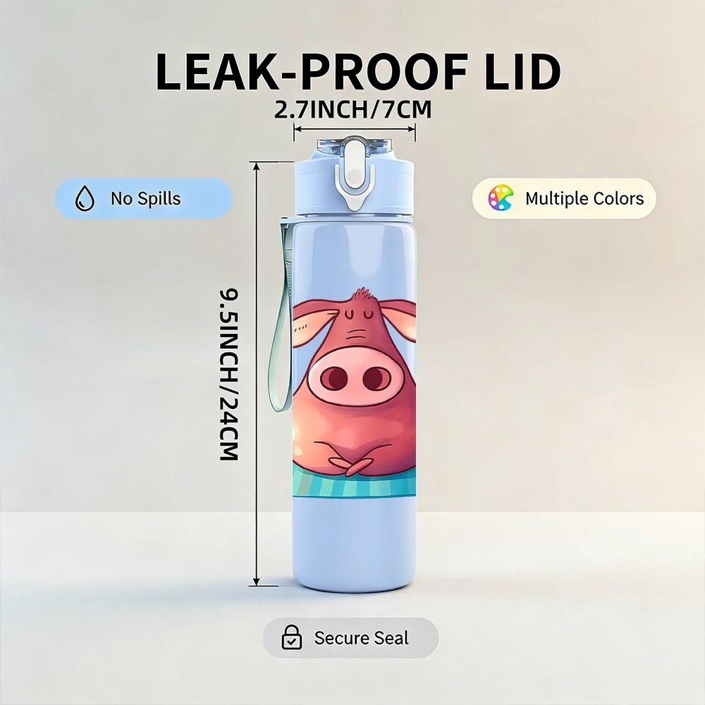 1PC Relaxed Pink Pig Cartoon 750ml Color Plastic Sports Water Bottle Leakproof Flip Straw Lid Suitable for Sports Office Home Use