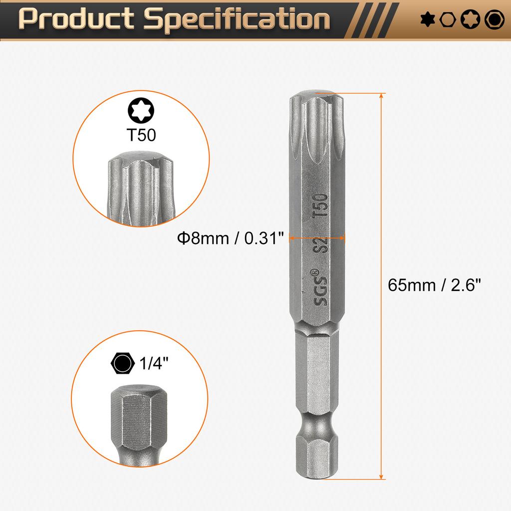 1/3/5 шт. Насадка-бита Torx T5-T50 с шестигранным хвостовиком 1/4", магнитная, без отверстия, защищенная от взлома, 6-лучевая звезда, S2, для отвертки и дрели