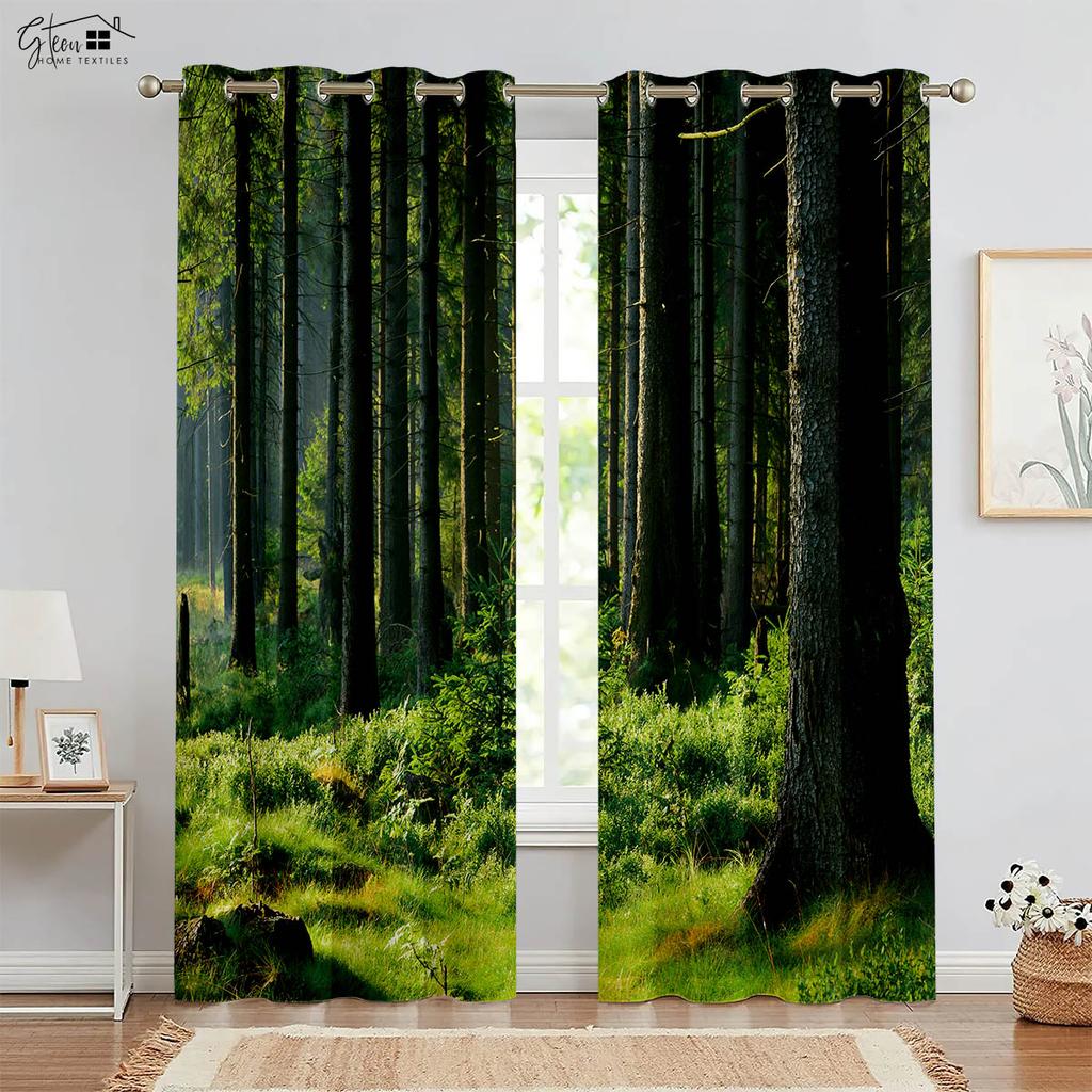 Природа Лесной пейзаж 3D Печать Шторы Зеленый Пастораль Солнечный свет Натуральный Аэробика B&B Отель Спальня Гостиная Шторы 2 ШТ