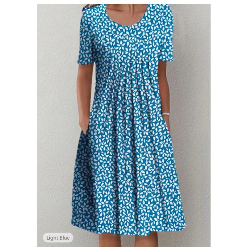 Женская мода лето весна цветочный узор принт короткий рукав О-образный вырез свободная талия повседневные платья