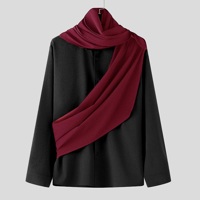 INCERUN Мужские рубашки с воротником-хомутиком и длинными рукавами спереди, повседневные топы в стиле пэчворк