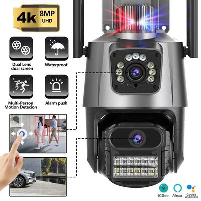 8MP 4K Wi-Fi камера с двумя объективами, защита безопасности, водонепроницаемая камера видеонаблюдения, полицейская световая сигнализация, IP-камера